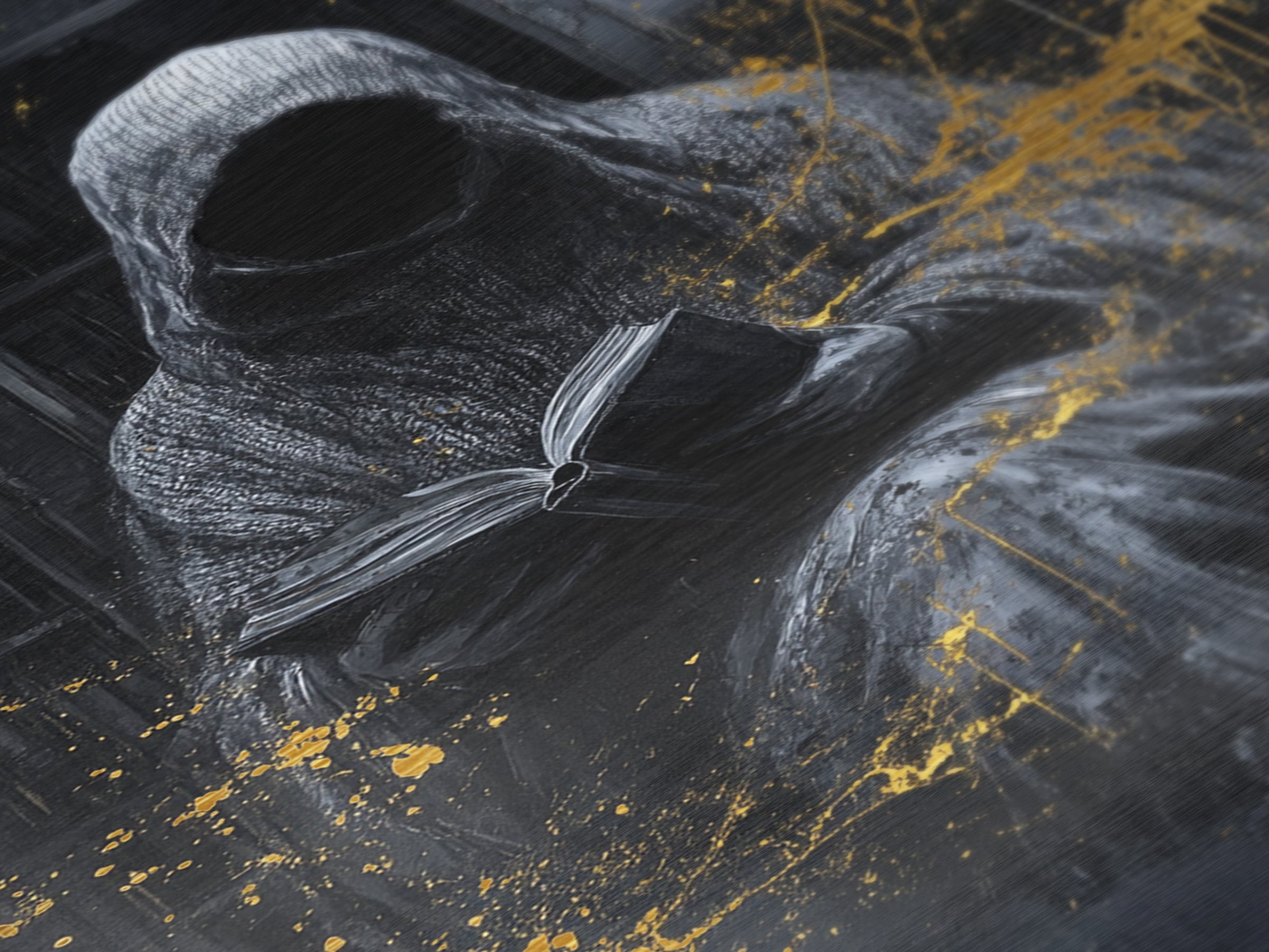 Hooded Grim Reader Metallic Gold Art, Haunted Spooky Season Horror Metal Art Wall Decor, with natural wood frame finish
