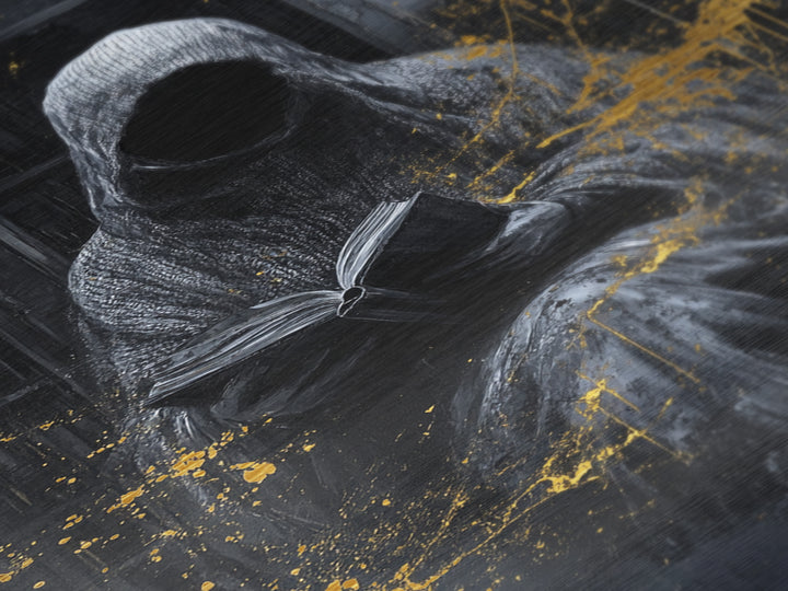 Hooded Grim Reader Metallic Gold Art, Haunted Spooky Season Horror Metal Art Wall Decor, with natural wood frame finish