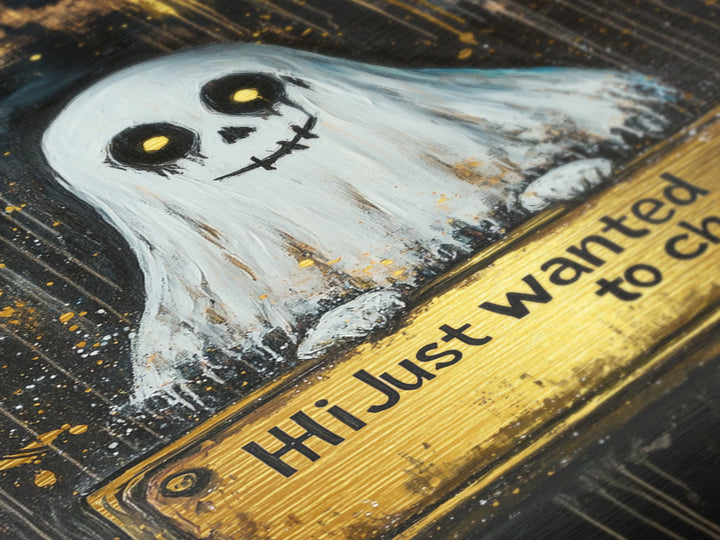 Spooky Ghost Greeting Wall Decor, Metallic Gold Art Metal Art with Natural Wood Frame, Halloween Haunted Gothic Artwork