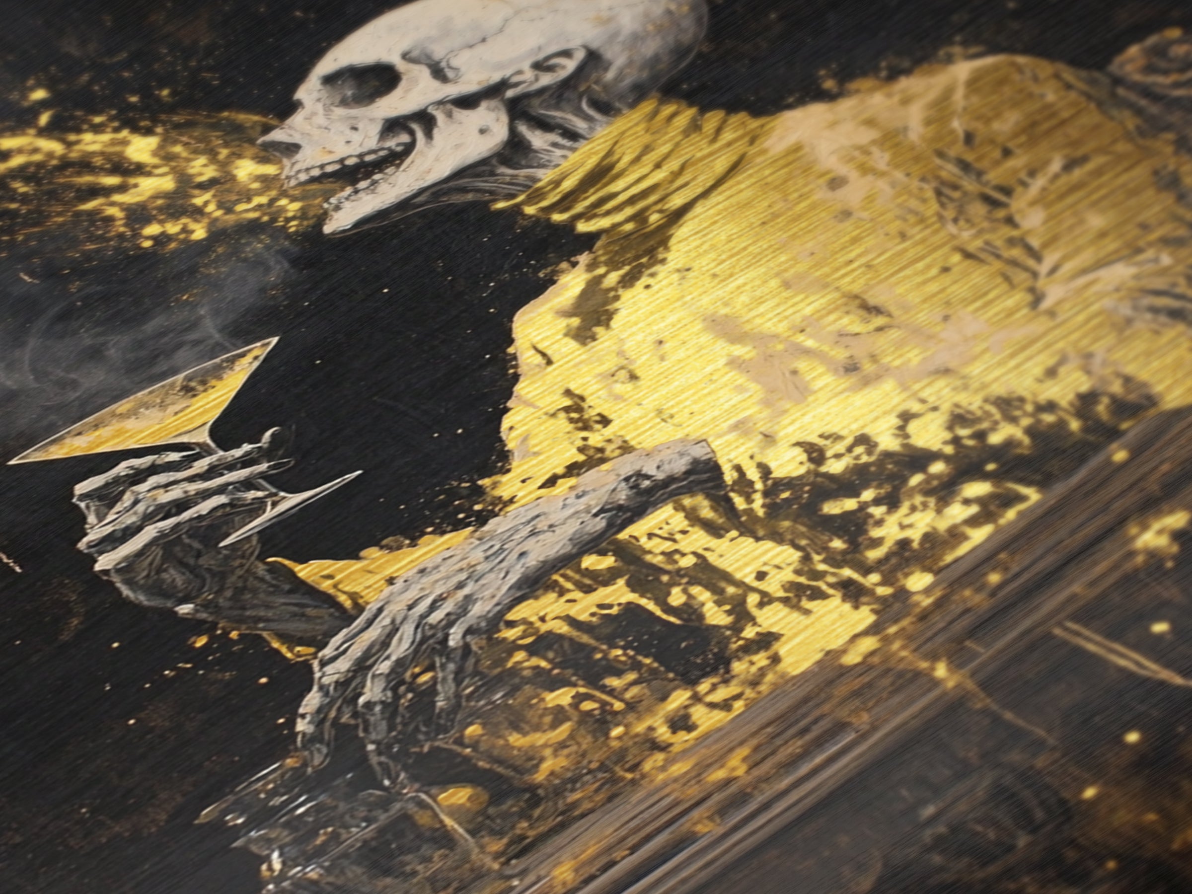 Skeleton Toasting Halloween Party Print, Metal Art Metallic Gold Art with Real Wood Frame, Gothic Haunted Bar Wall Decor