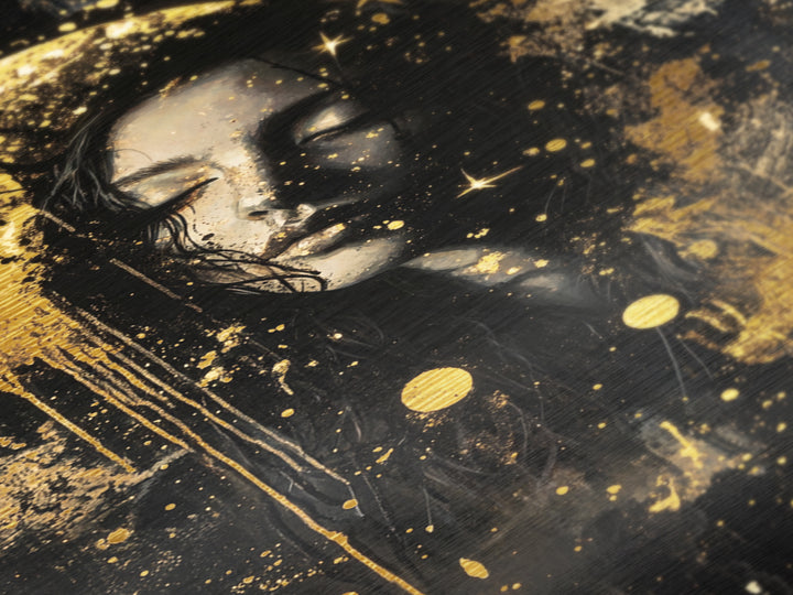 Moonlit Gothic Woman Halloween Portrait, Metal Art Metallic Gold Art in Real Wood Frame, Haunted Spooky Season Wall Decor