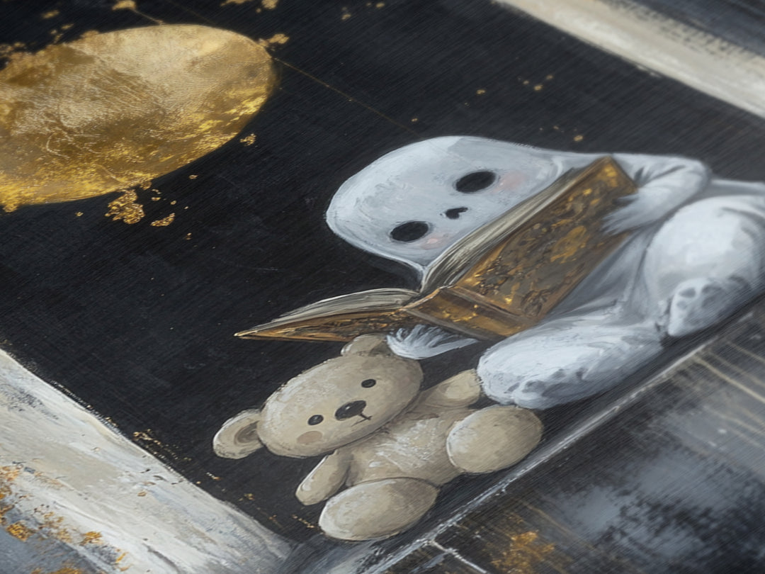 Cute Ghost Reading Book Halloween Print, Metallic Gold Art Metal Art with Wooden Frame, Spooky Nursery Haunted Wall Art
