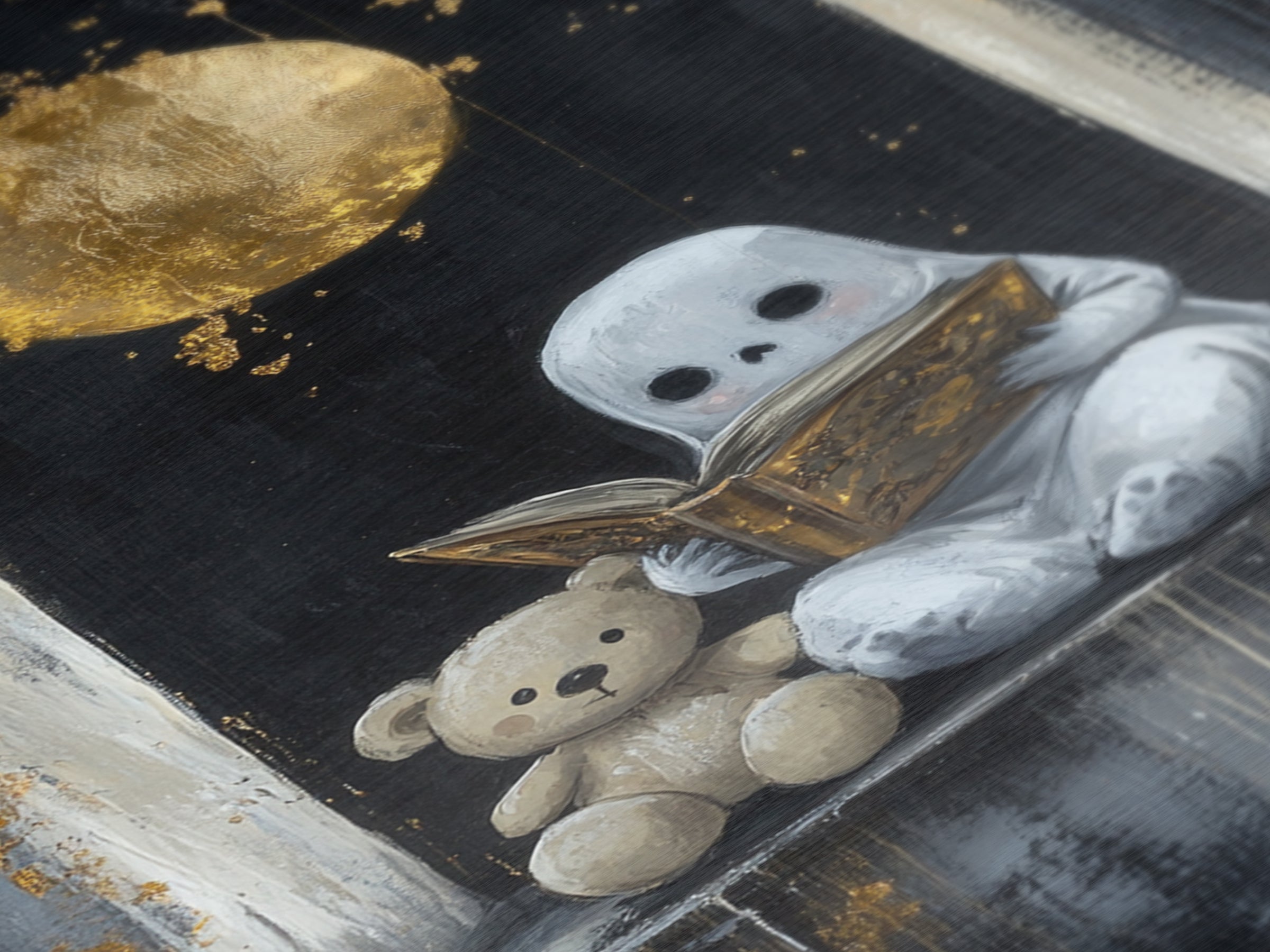 Cute Ghost Reading Book Halloween Print, Metallic Gold Art Metal Art with Wooden Frame, Spooky Nursery Haunted Wall Art