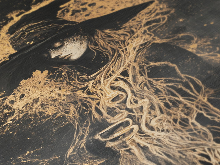 Witch with Serpent Roots Halloween Art, Metallic Gold Art Metal Art in Framed Wood, Gothic Spooky Season Haunted Decor