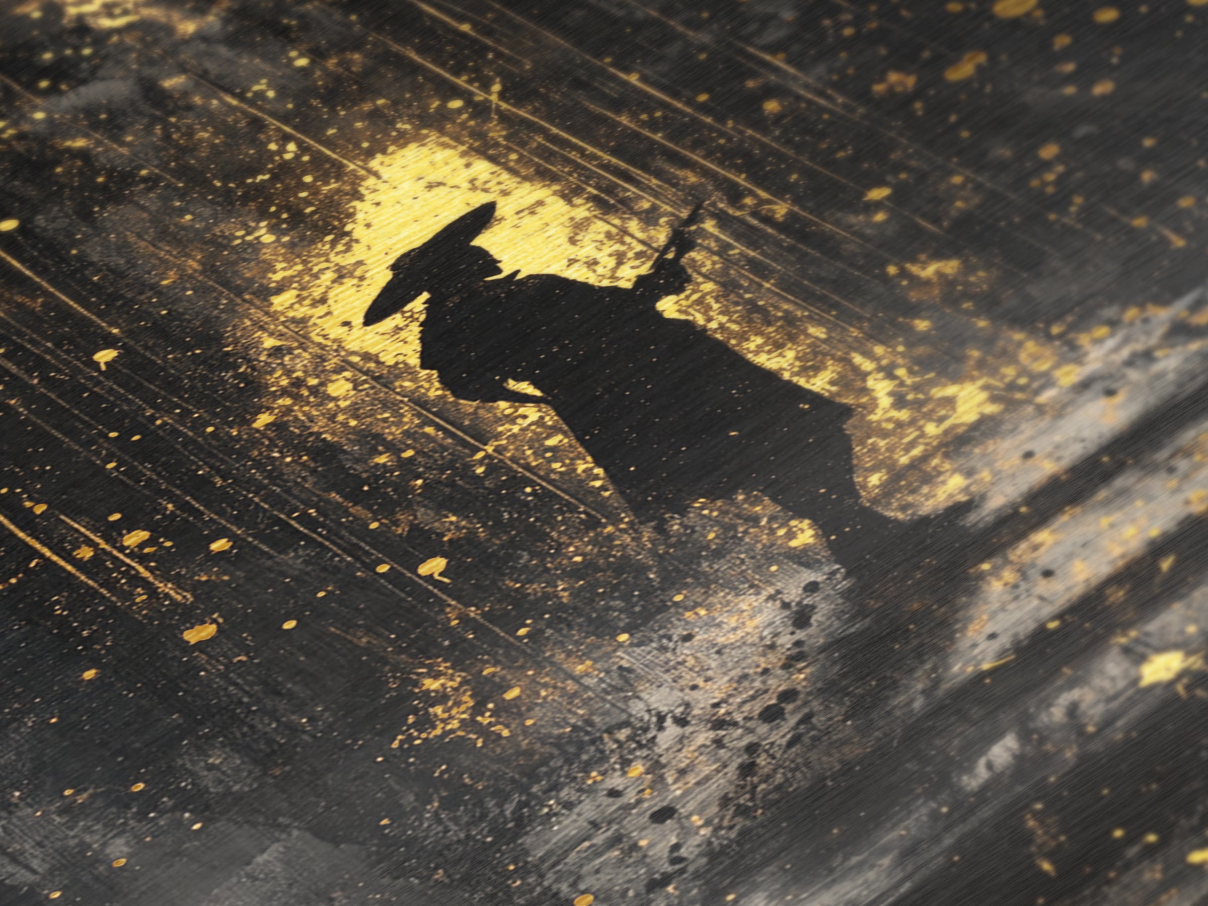Haunted Silhouette on Stairs Metallic Gold Art Metal Art | Spooky Season Gothic Halloween Wall Artwork with Real Wood Frame