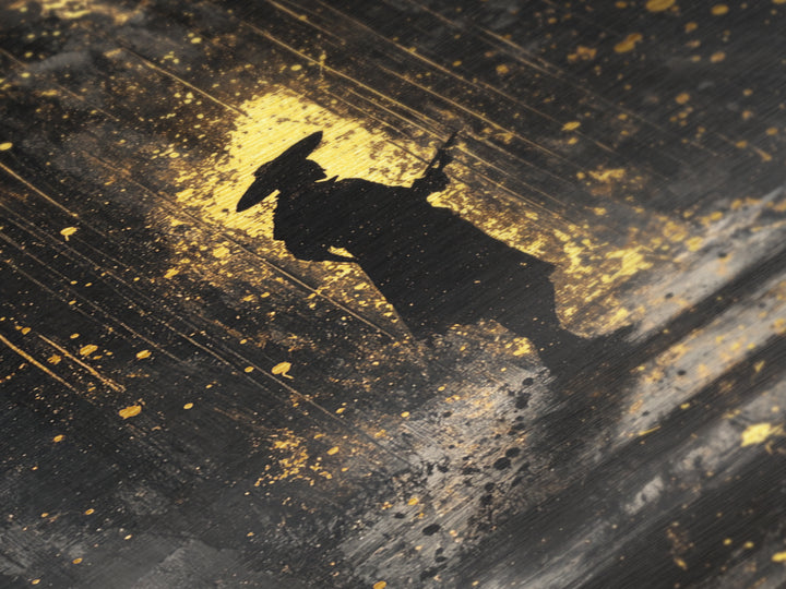 Haunted Silhouette on Stairs Metallic Gold Art Metal Art | Spooky Season Gothic Halloween Wall Artwork with Real Wood Frame