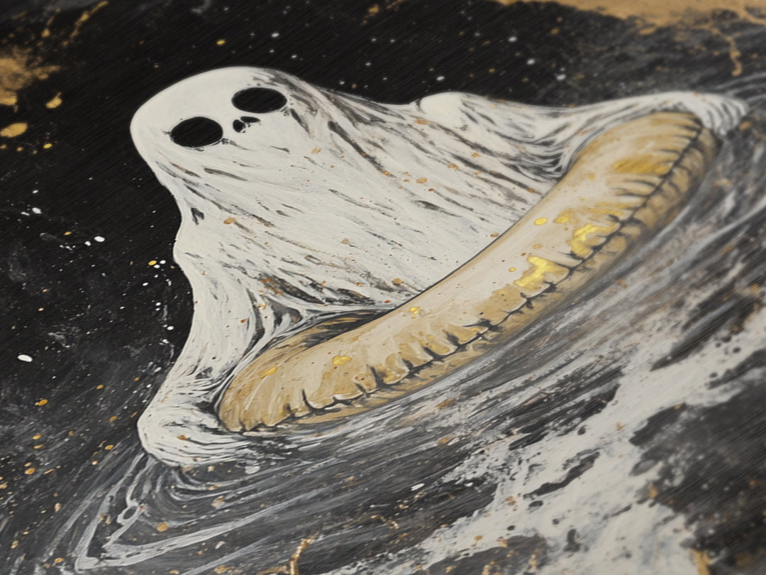 Ghost in Water with Inner Tube Metallic Gold Art Metal Art | Spooky Halloween Spirit Painting Gothic Horror Art with Wood Frame