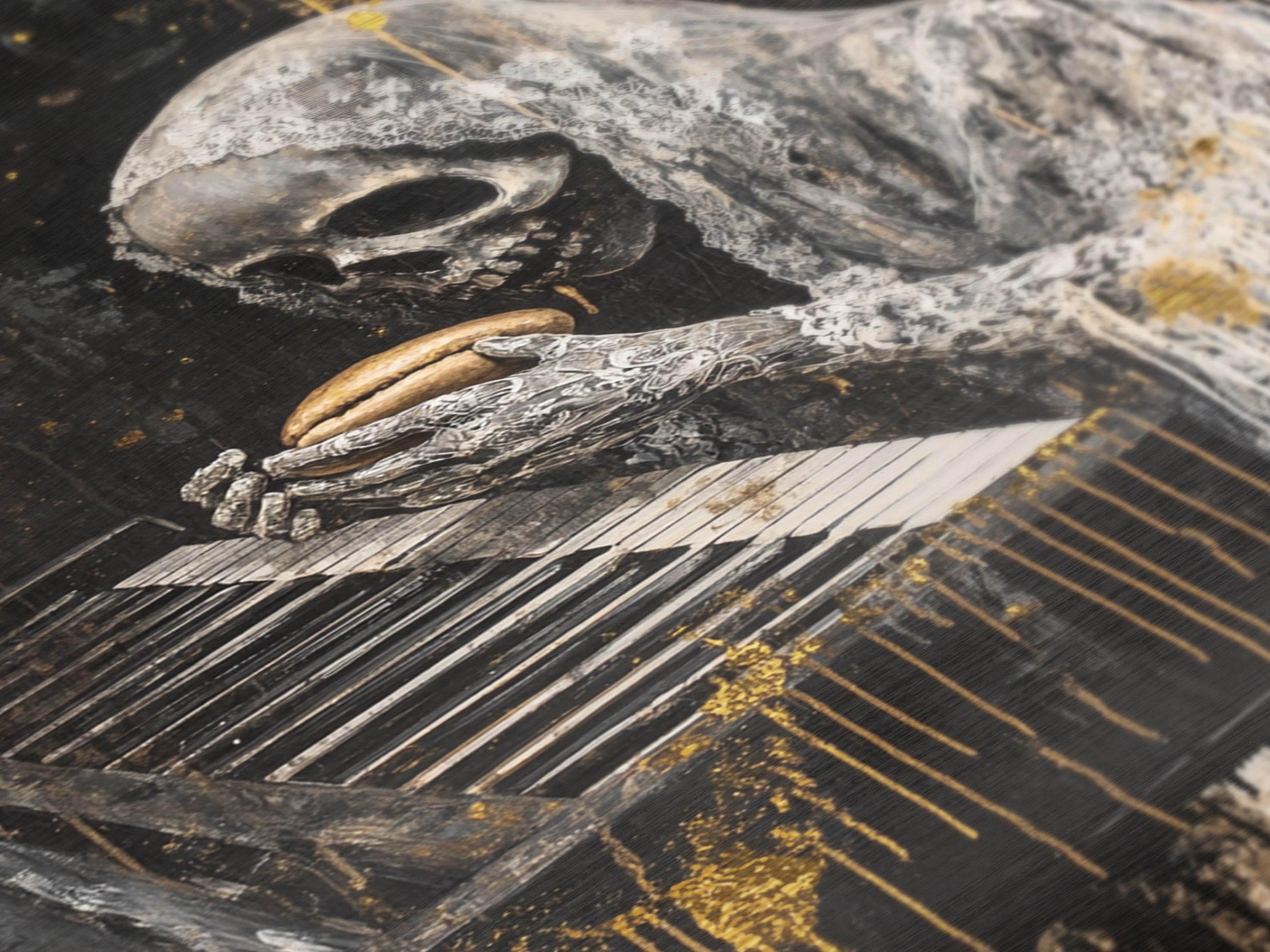 Skeleton at Piano Metallic Gold Art Metal Art Spooky Gothic Halloween Horror Wall Hanging in rustic real wood framing
