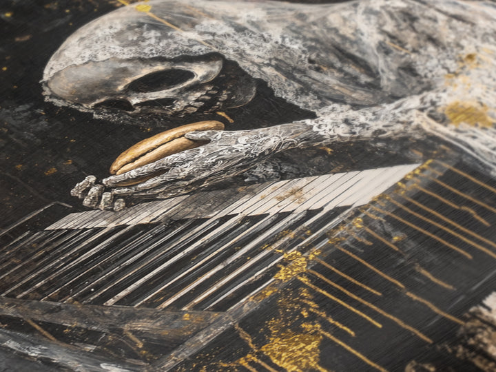 Skeleton at Piano Metallic Gold Art Metal Art Spooky Gothic Halloween Horror Wall Hanging in rustic real wood framing