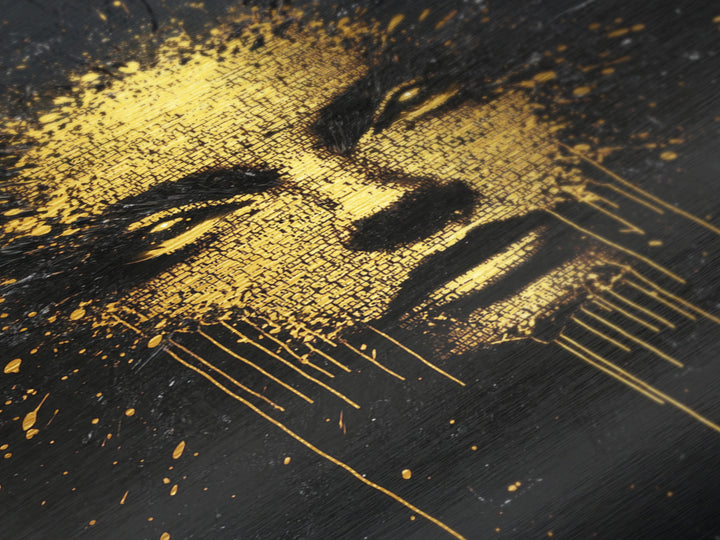 Golden Text Face Explosion | Spooky Horror Portrait Metallic Gold Art | Unique Metal Art Design Framed In Solid Wood