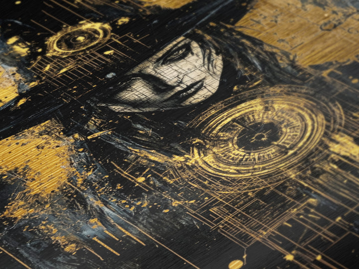 Witch In Gothic Hat With Symbols | Witchy Halloween Decor Metallic Gold Art | Intricate Metal Art Piece With Wood Frame