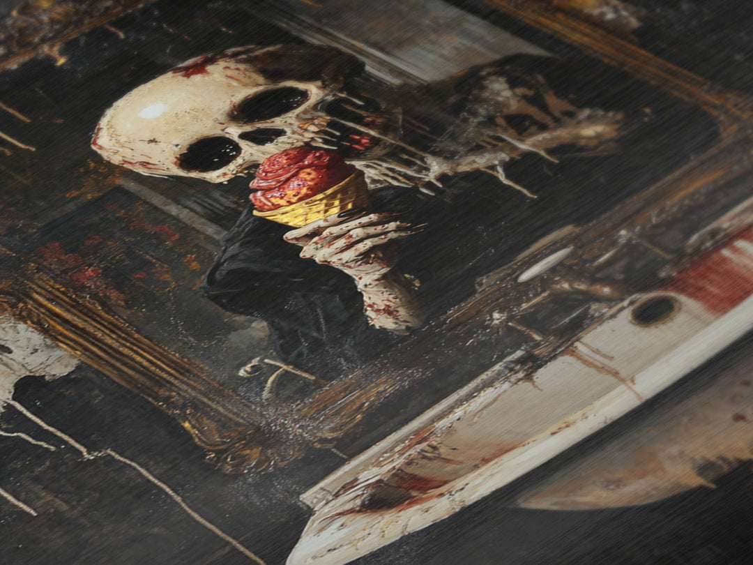 Skeleton Eating Ice Cream Metallic Gold Art, Creepy Gothic Metal Art Wall Hanging, Halloween Horror Artwork in Real Wood Frame