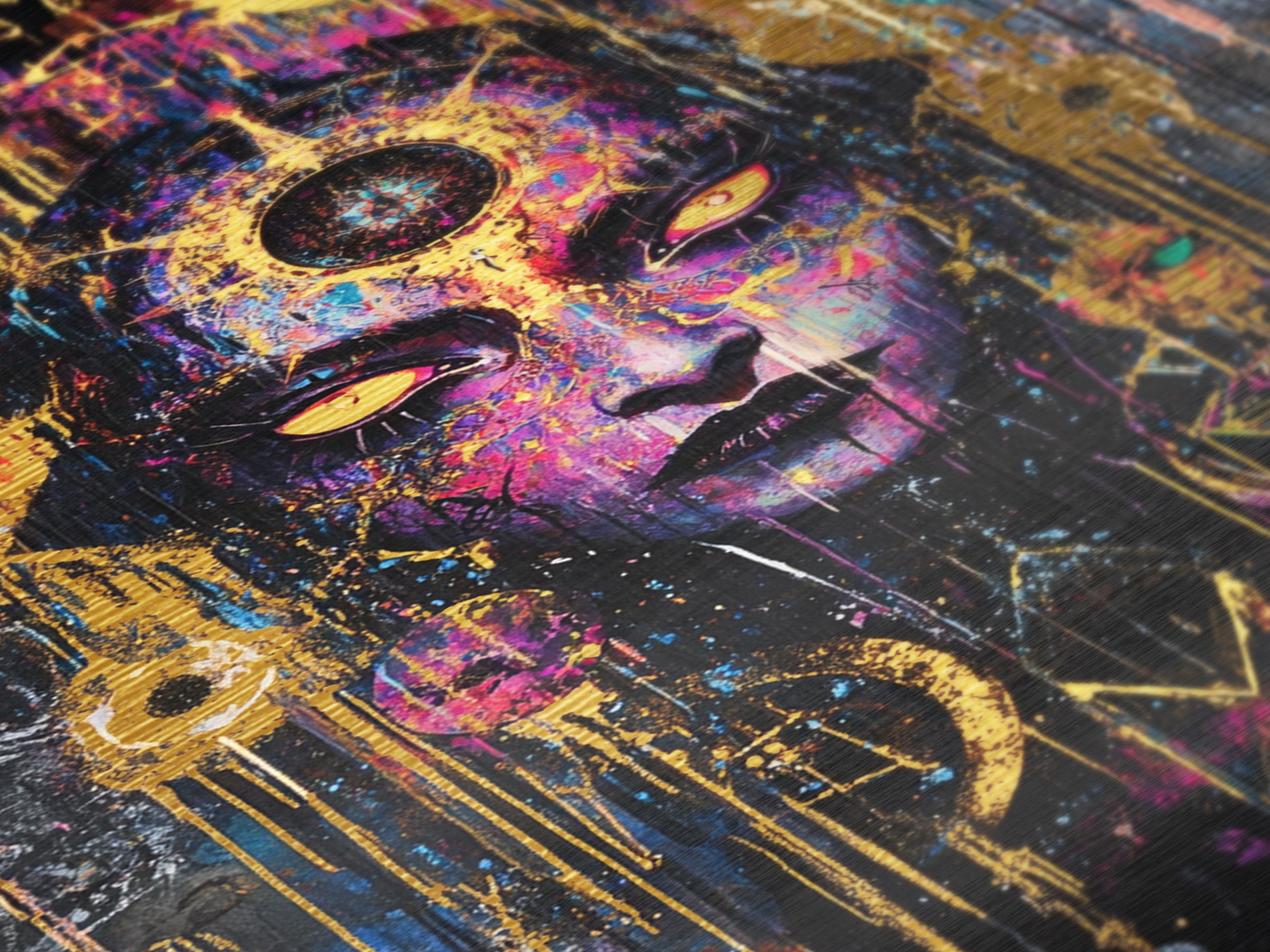 Occult Sorceress Metallic Gold Art, Creepy Psychedelic Face Wall Decor Metal Art, Witchy Halloween Design With Real Wood Frame