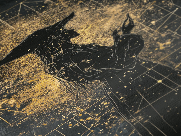 Celestial Witch Metallic Gold Art, Haunted Astrology Wall Decor Metal Art, Spooky Halloween Artwork Framed With Real Wood