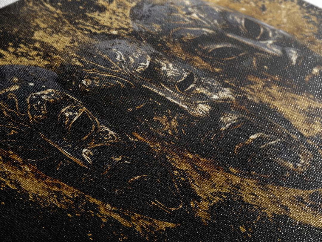 Tribal Drama Mask Gold Canvas Print, Abstract Splatter Art On Canvas, Real Wood Frame Wall Décor, Gothic Theater Artwork