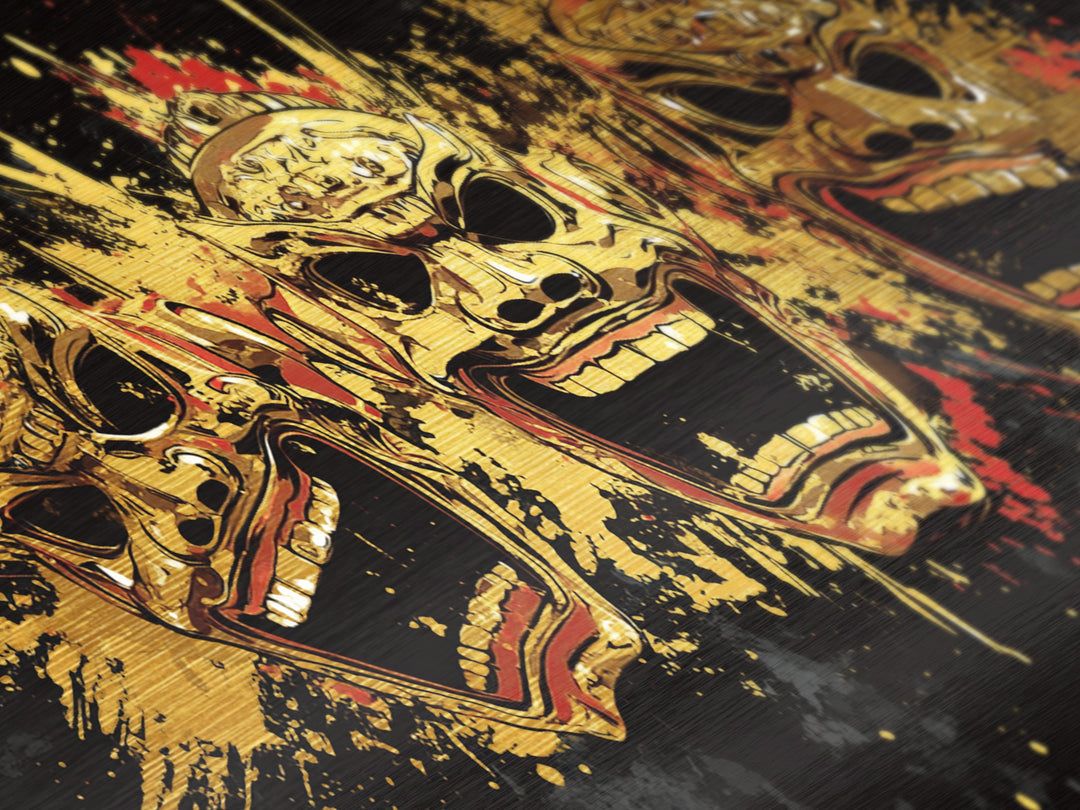 Skull Metallic Gold Metal Print, Gothic Splatter Art On Metal, Real Wood Frame Wall Décor, Macabre Dark Aesthetic Artwork