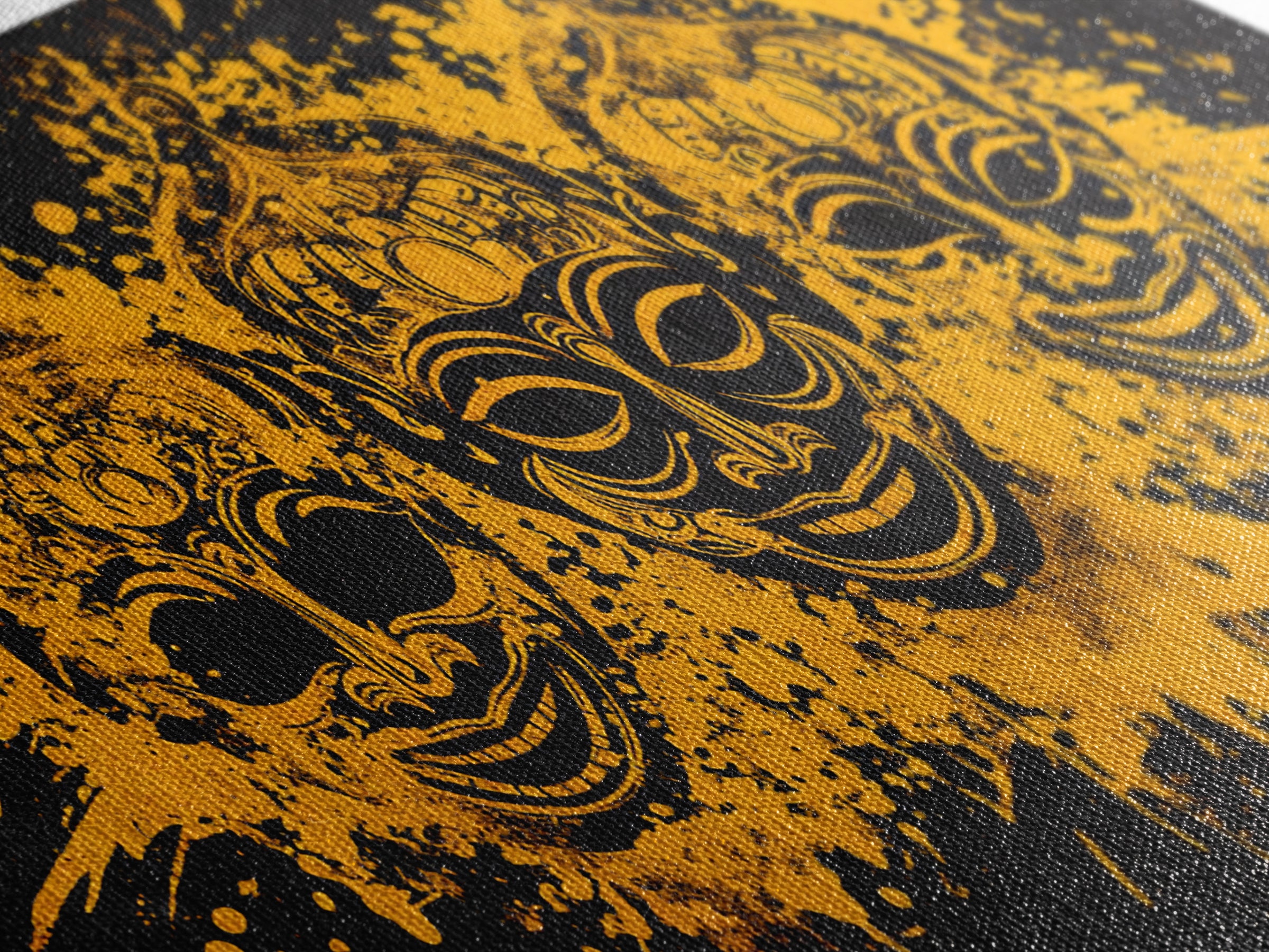 Ancient Warrior Mask Gold Canvas Art, Tribal Splatter Canvas Print, Real Wood Frame Wall Décor, Bold Dramatic Statement Art