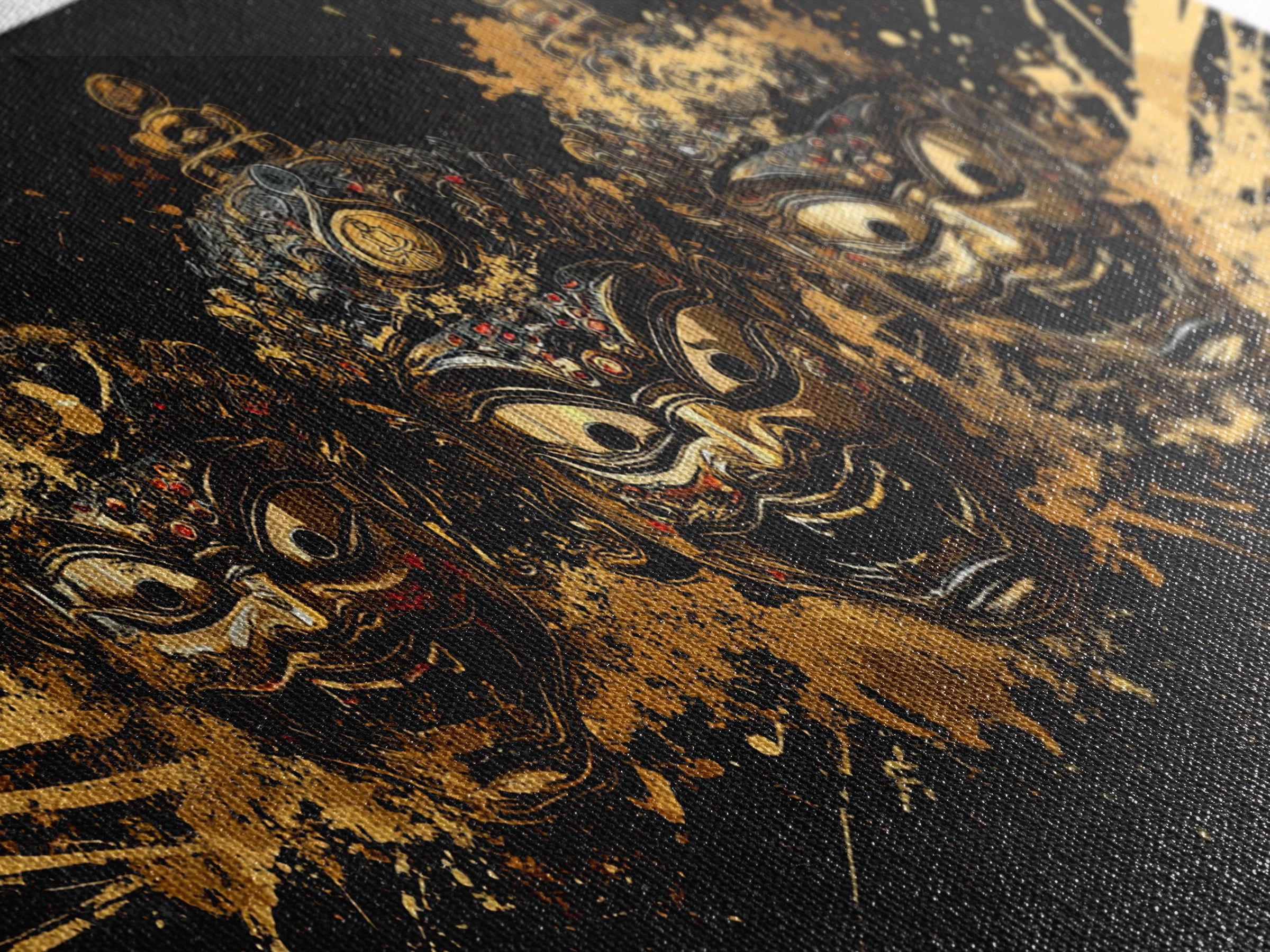 Theatrical Mask Gold Canvas Print, Gothic Splatter Art On Canvas, Real Wood Frame Wall Décor, Dark Drama Statement Art