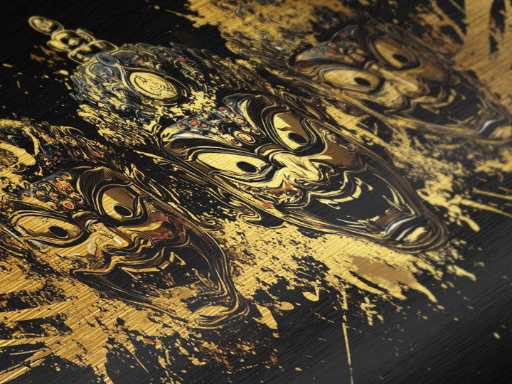 Theatrical Mask Metallic Gold Metal Print, Gothic Splatter Art On Metal, Real Wood Frame Wall Décor, Dark Drama Statement Art