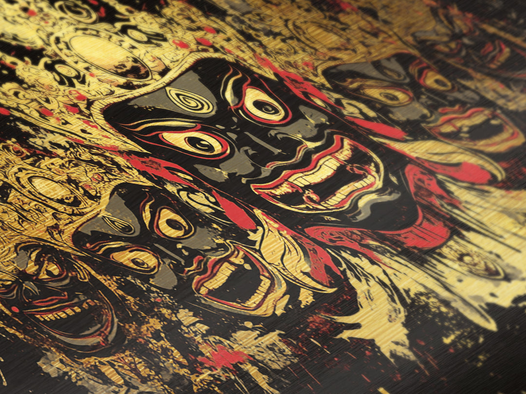 African Tribal Mask Metallic Gold Art, Ethnic Splatter Metal Print, Real Wood Frame Wall Décor, Cultural Bold Statement Artwork