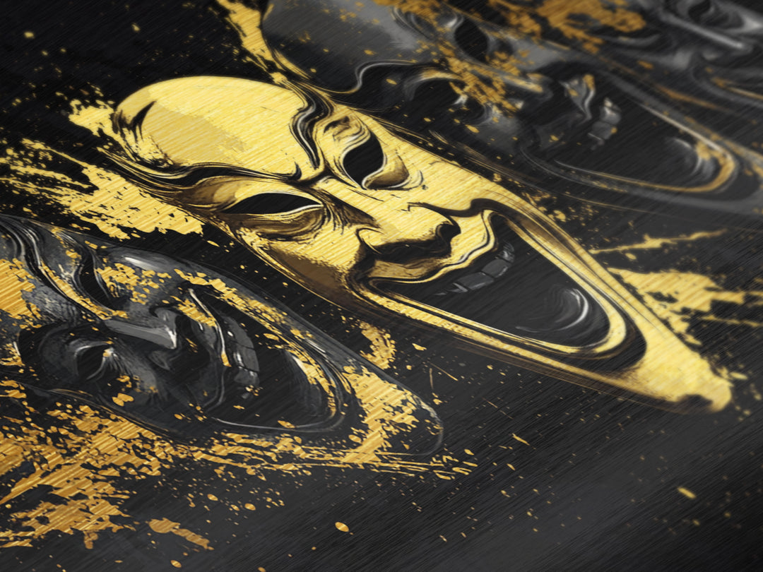 Fierce Demon Mask Metallic Gold Metal Print, Splatter Abstract Mask Art On Metal, Real Wood Frame Wall Décor, Bold Gothic Artwork