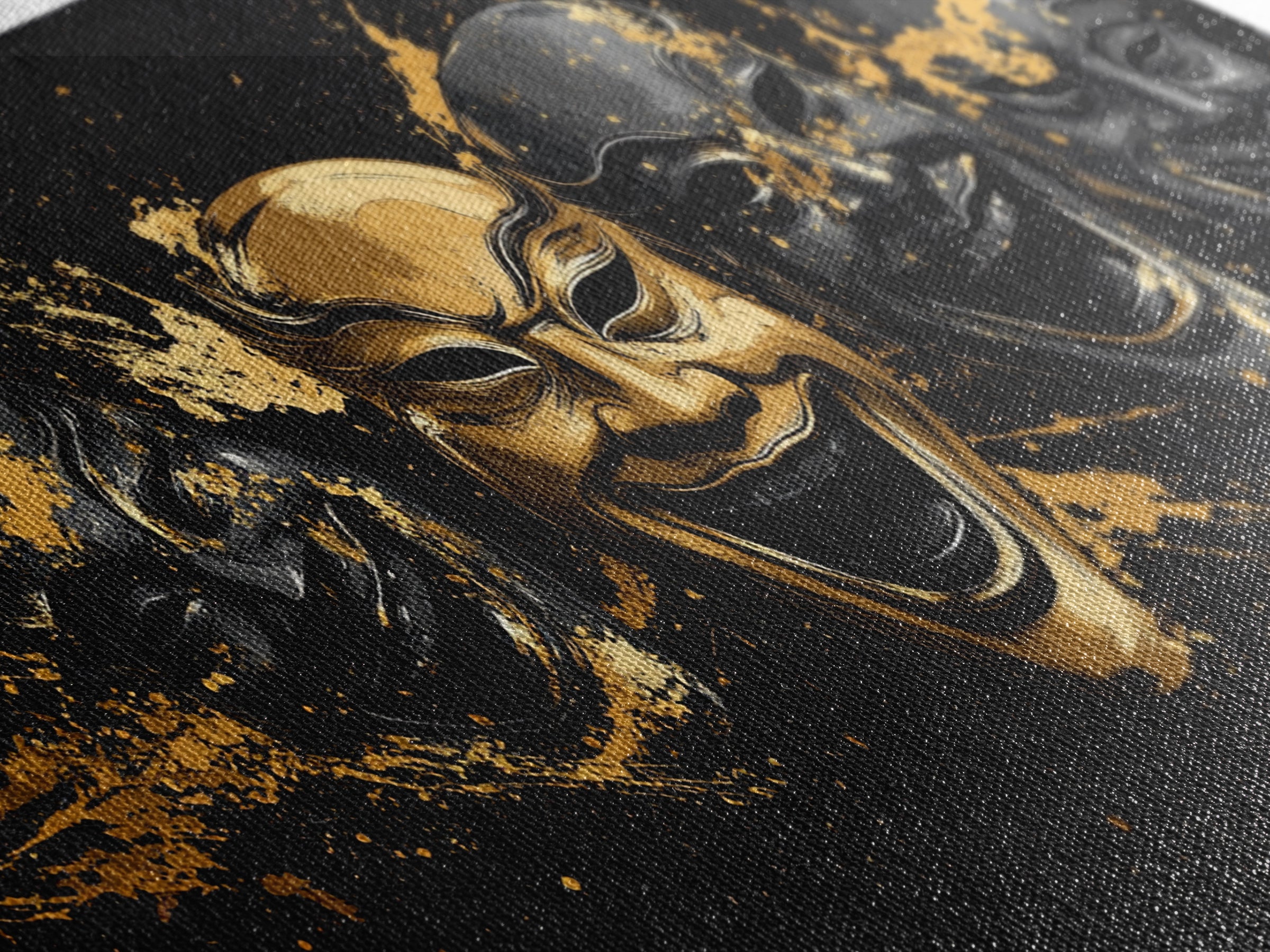 Fierce Demon Mask Gold Canvas Print, Splatter Abstract Mask Art On Canvas, Real Wood Frame Wall Décor, Bold Gothic Artwork