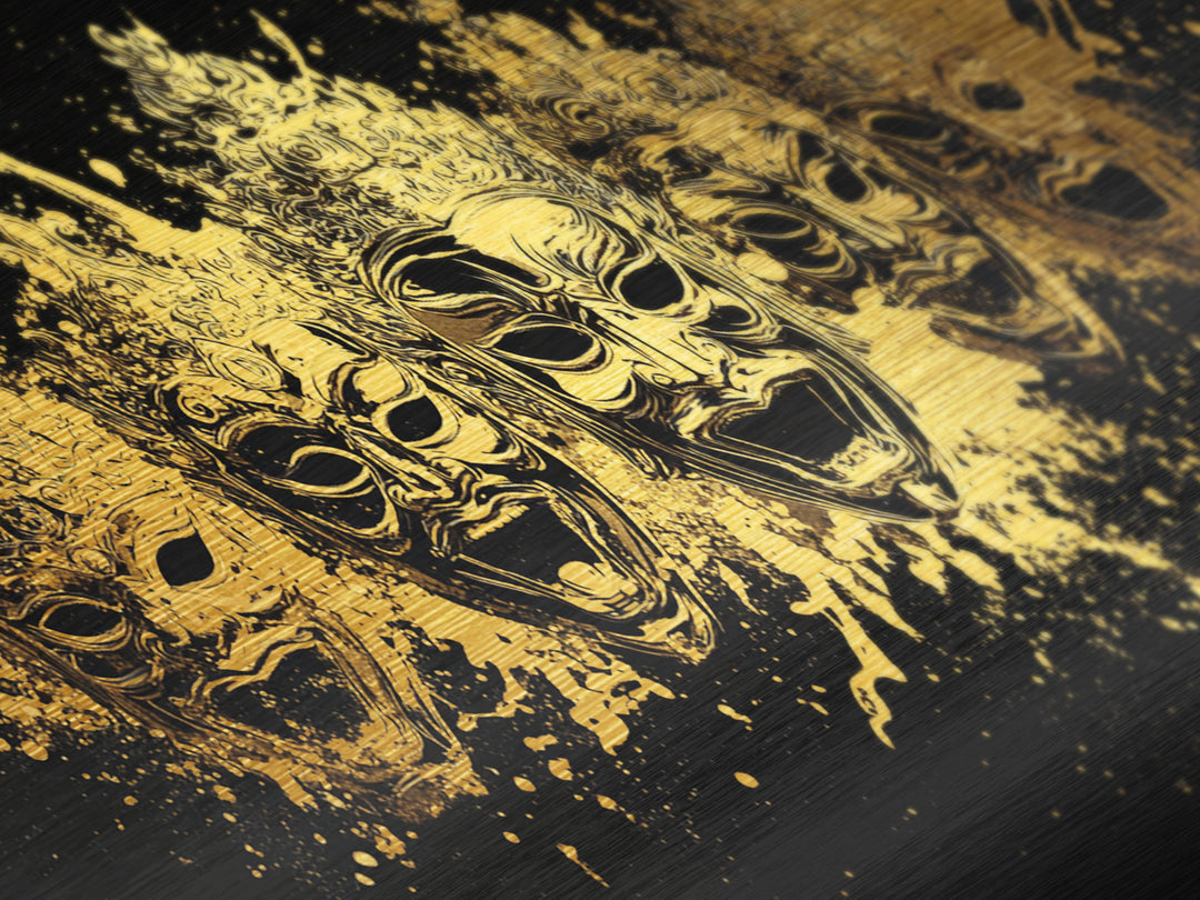 Warrior Mask Set Metallic Gold Art, Splatter Tribal Mask Metal Print, Real Wood Frame Wall Décor, Dramatic Cultural Statement Art