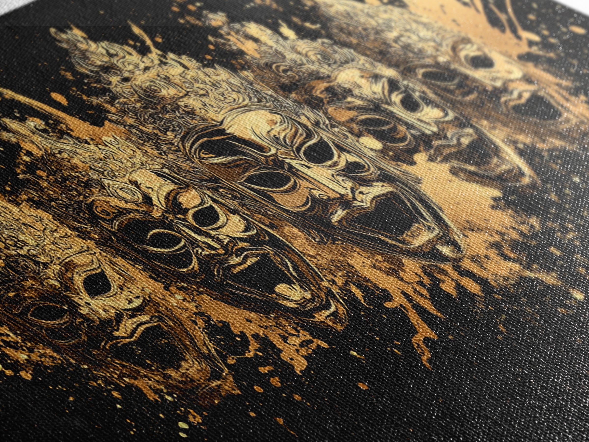 Warrior Mask Set Gold Canvas Art, Splatter Tribal Mask Canvas Print, Real Wood Frame Wall Décor, Dramatic Cultural Statement Art