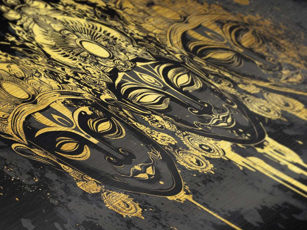 Ornate Demon Mask Metallic Gold Metal Print, Splatter Tribal Art On Metal, Real Wood Frame Wall Décor, Fierce Gothic Statement Artwork