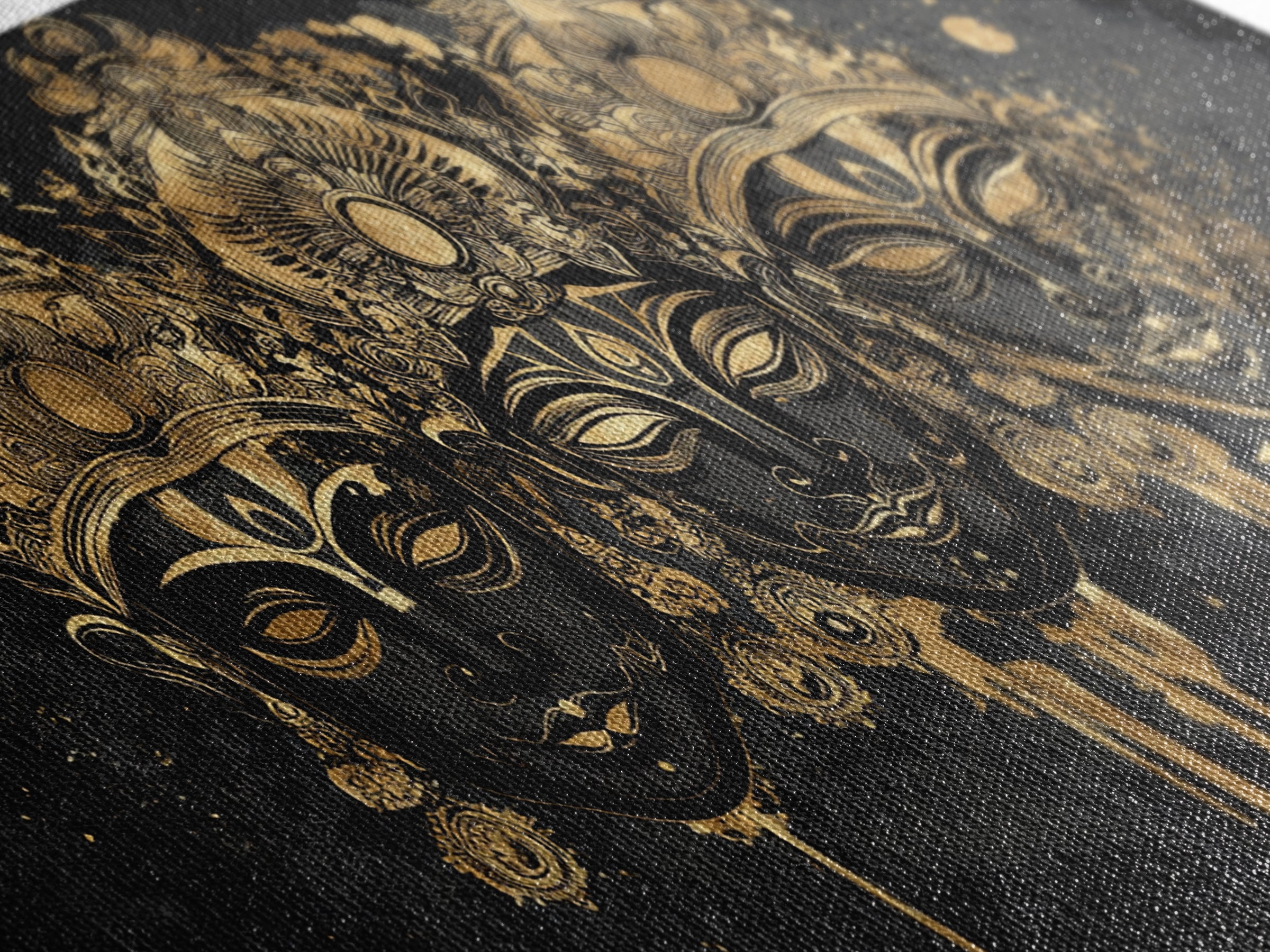 Ornate Demon Mask Gold Canvas Print, Splatter Tribal Art On Canvas, Real Wood Frame Wall Décor, Fierce Gothic Statement Artwork