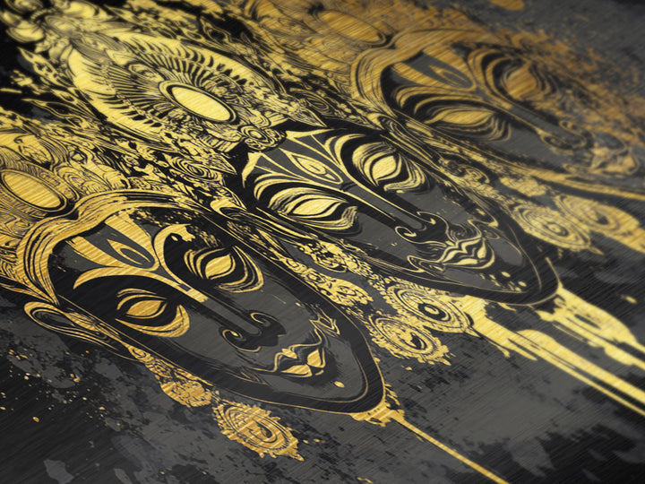 Ornate Demon Mask Metallic Gold Metal Print, Splatter Tribal Art On Metal, Real Wood Frame Wall Décor, Fierce Gothic Statement Artwork