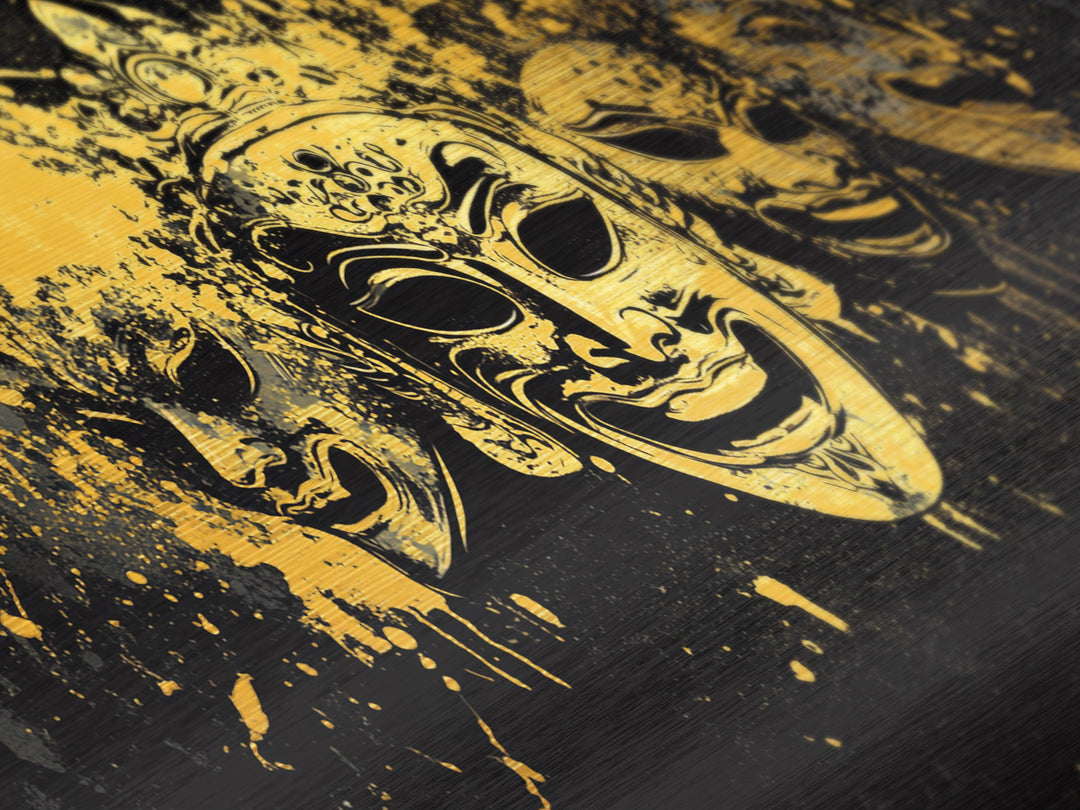 Regal Mask Set Metallic Gold Art, Splatter Tribal Demon Mask Metal Print, Real Wood Frame Wall Décor, Bold Fierce Statement Artwork