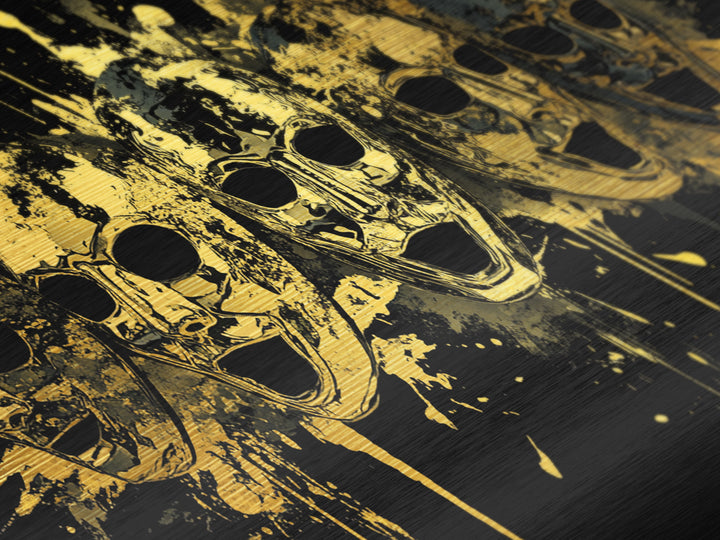 Theatrical Comedy Mask Metallic Gold Metal Print, Splatter Dramatic Art On Metal, Real Wood Frame Wall Décor, Gothic Statement Artwork