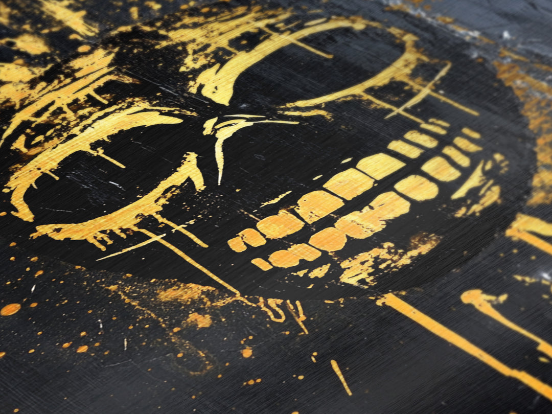 Golden Skull Mask Metallic Gold Metal Print, Dark Gothic Face Art, Horror Splatter Wall Decor, Real Wood Frame