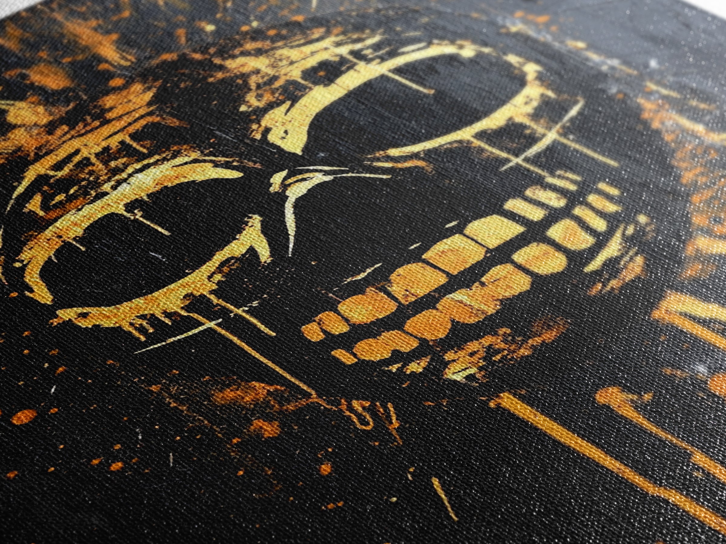 Golden Skull Mask Gold Canvas Print, Dark Gothic Face Art, Horror Splatter Wall Decor, Real Wood Frame