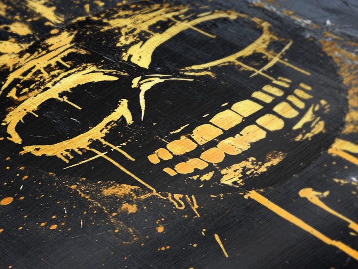 Golden Skull Mask Metallic Gold Metal Print, Dark Gothic Face Art, Horror Splatter Wall Decor, Real Wood Frame