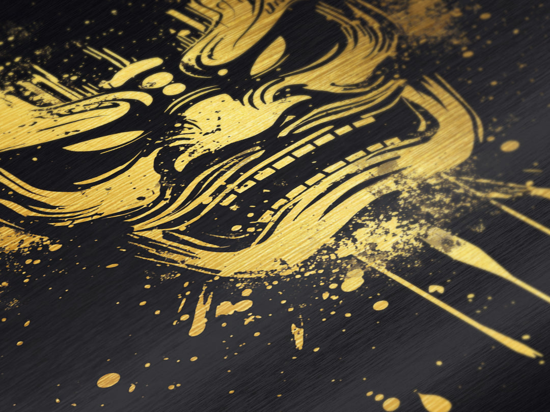 Samurai Oni Mask Metallic Gold Metal Print, Japanese Demon Face Art, Splatter Ink Wall Decor, Real Wood Frame