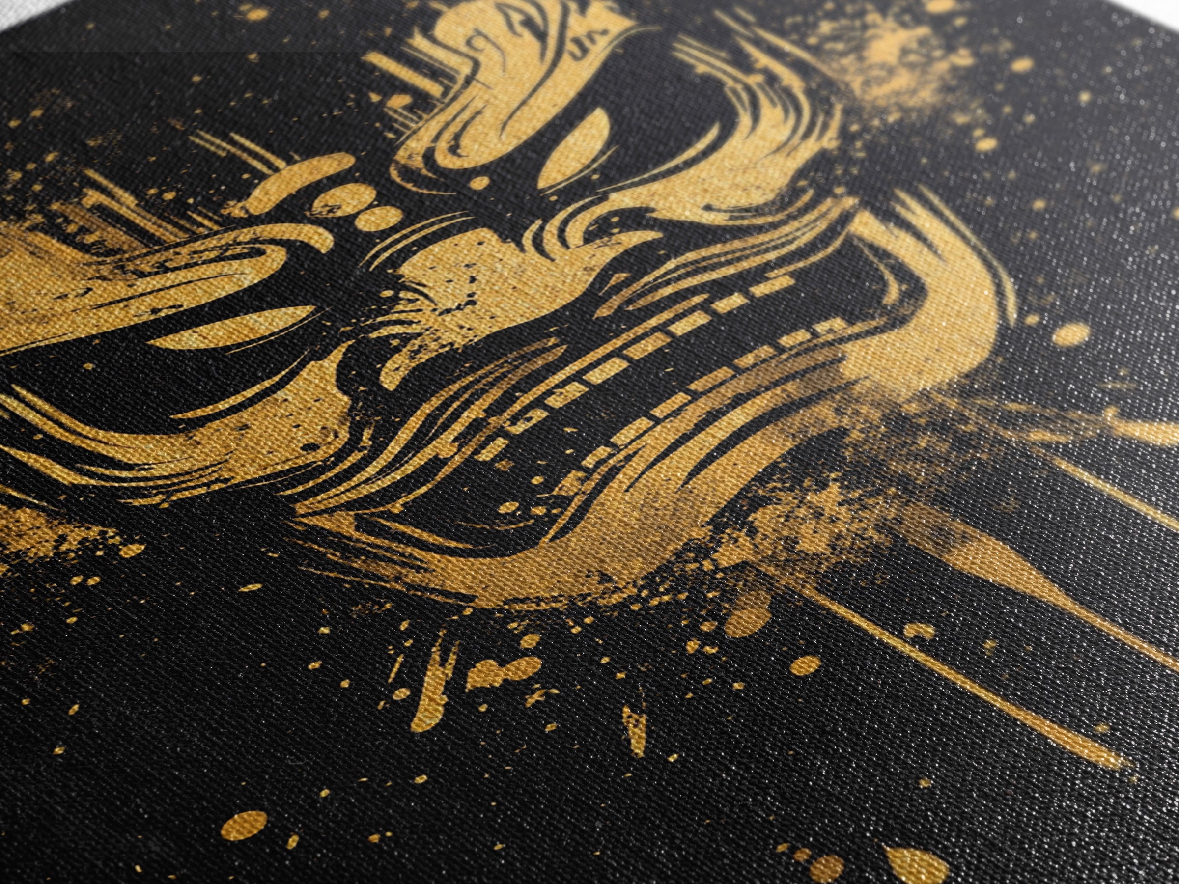 Samurai Oni Mask Gold Canvas Print, Japanese Demon Face Art, Splatter Ink Wall Decor, Real Wood Frame