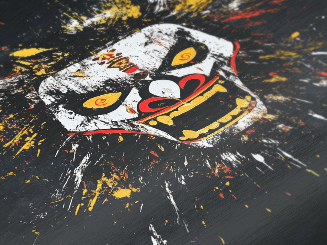 Fiery Demon Mask Metallic Gold Metal Print, Japanese Oni Face Art, Tribal Splatter Style Wall Decor, Real Wood Frame