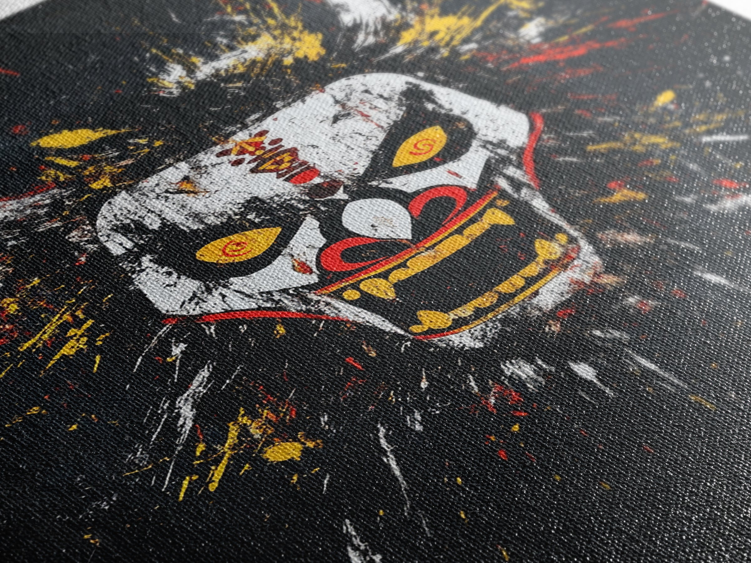 Fiery Demon Mask Gold Canvas Print, Japanese Oni Face Art, Tribal Splatter Style Wall Decor, Real Wood Frame