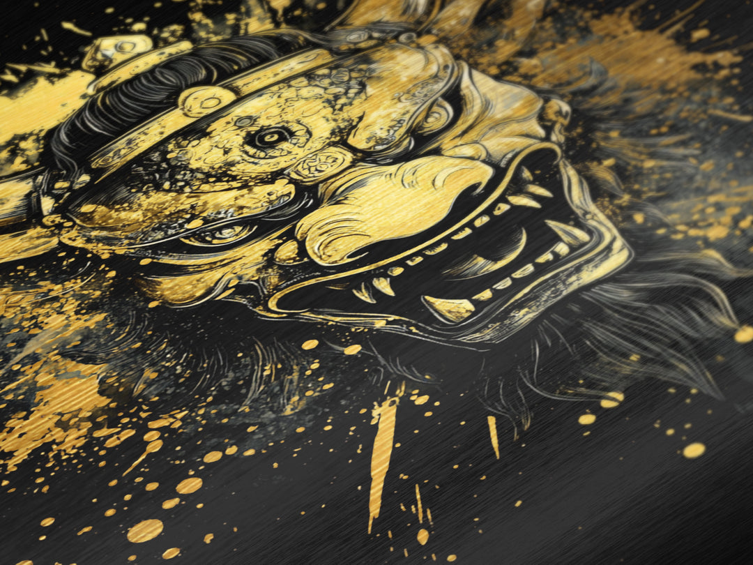 Fierce Demon Mask Metallic Gold Metal Print, Mythical Beast Face Art, Splatter Style Wall Decor, Real Wood Frame