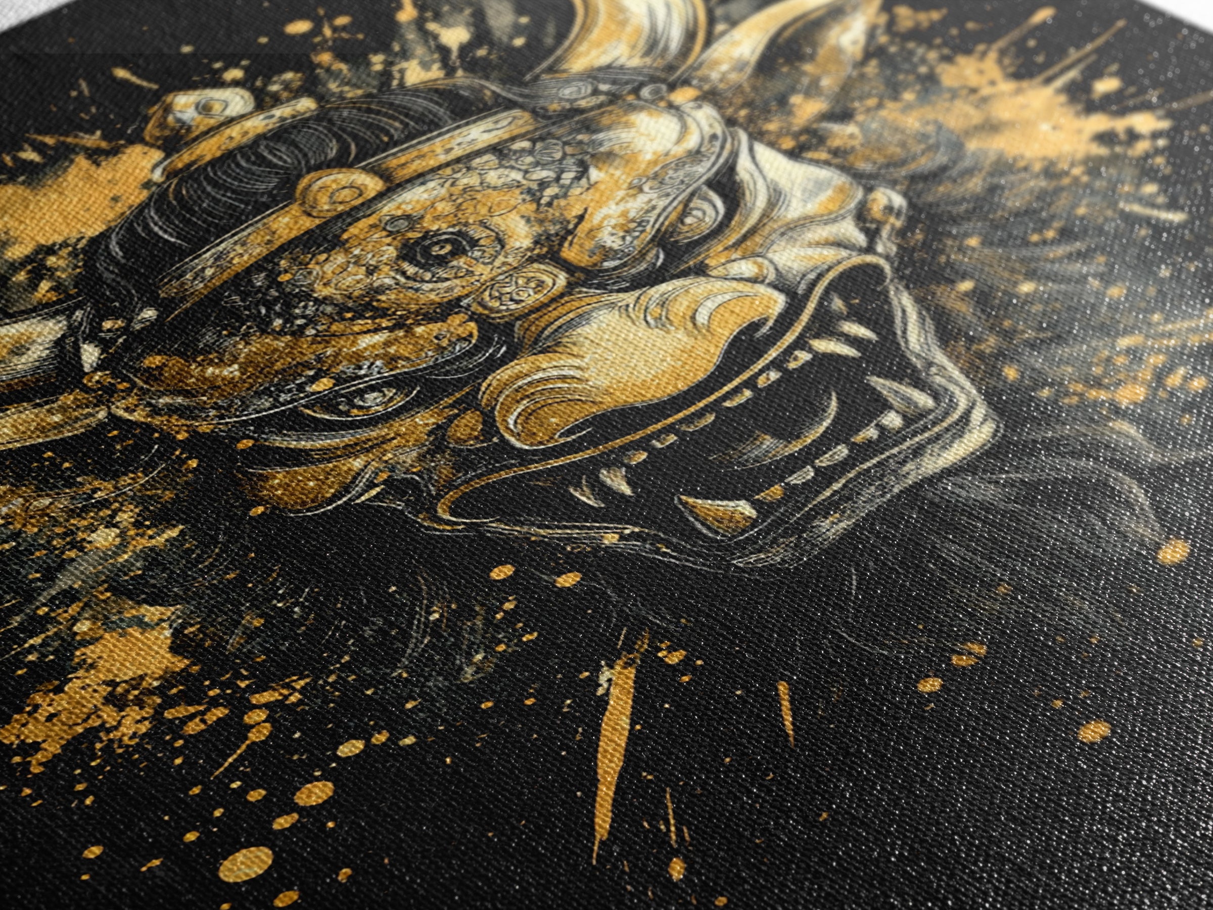 Fierce Demon Mask Gold Canvas Print, Mythical Beast Face Art, Splatter Style Wall Decor, Real Wood Frame