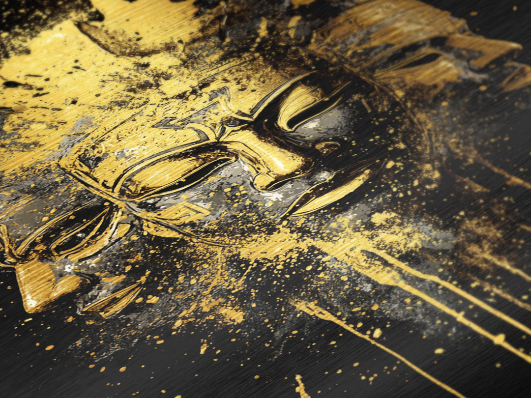 Three Faces Mask Metallic Gold Metal Print, Abstract Spiritual Face Art, Splatter Style Wall Decor, Real Wood Frame