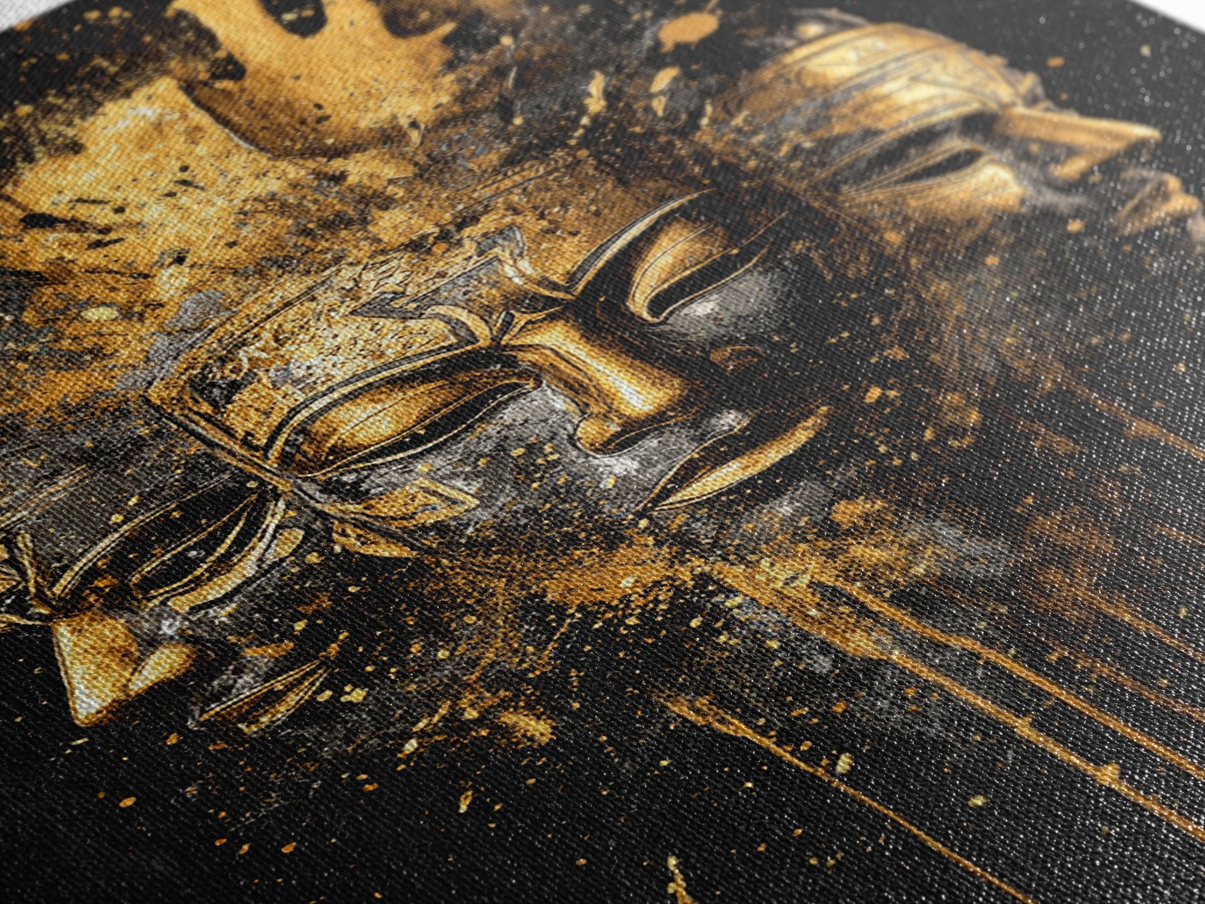 Three Faces Mask Gold Canvas Print, Abstract Spiritual Face Art, Splatter Style Wall Decor, Real Wood Frame