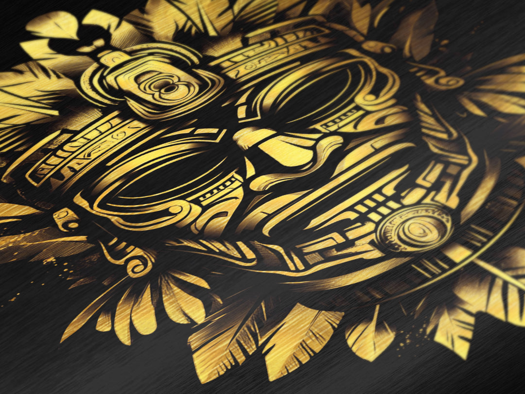 Ancient Aztec God Metallic Gold Metal Print, Ornate Tribal Face Artwork, Ethnic Mythic Wall Decor, Real Wood Frame