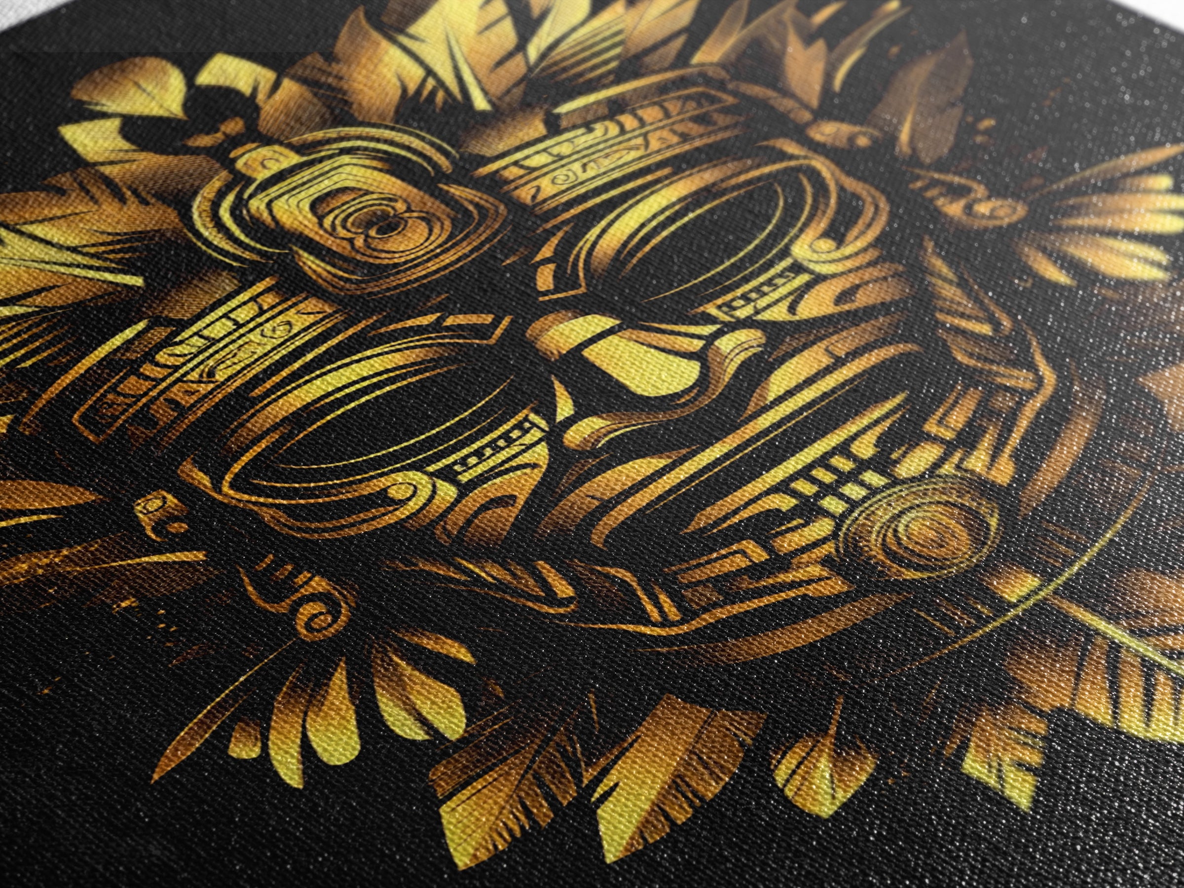 Ancient Aztec God Gold Canvas Print, Ornate Tribal Face Artwork, Ethnic Mythic Wall Decor, Real Wood Frame