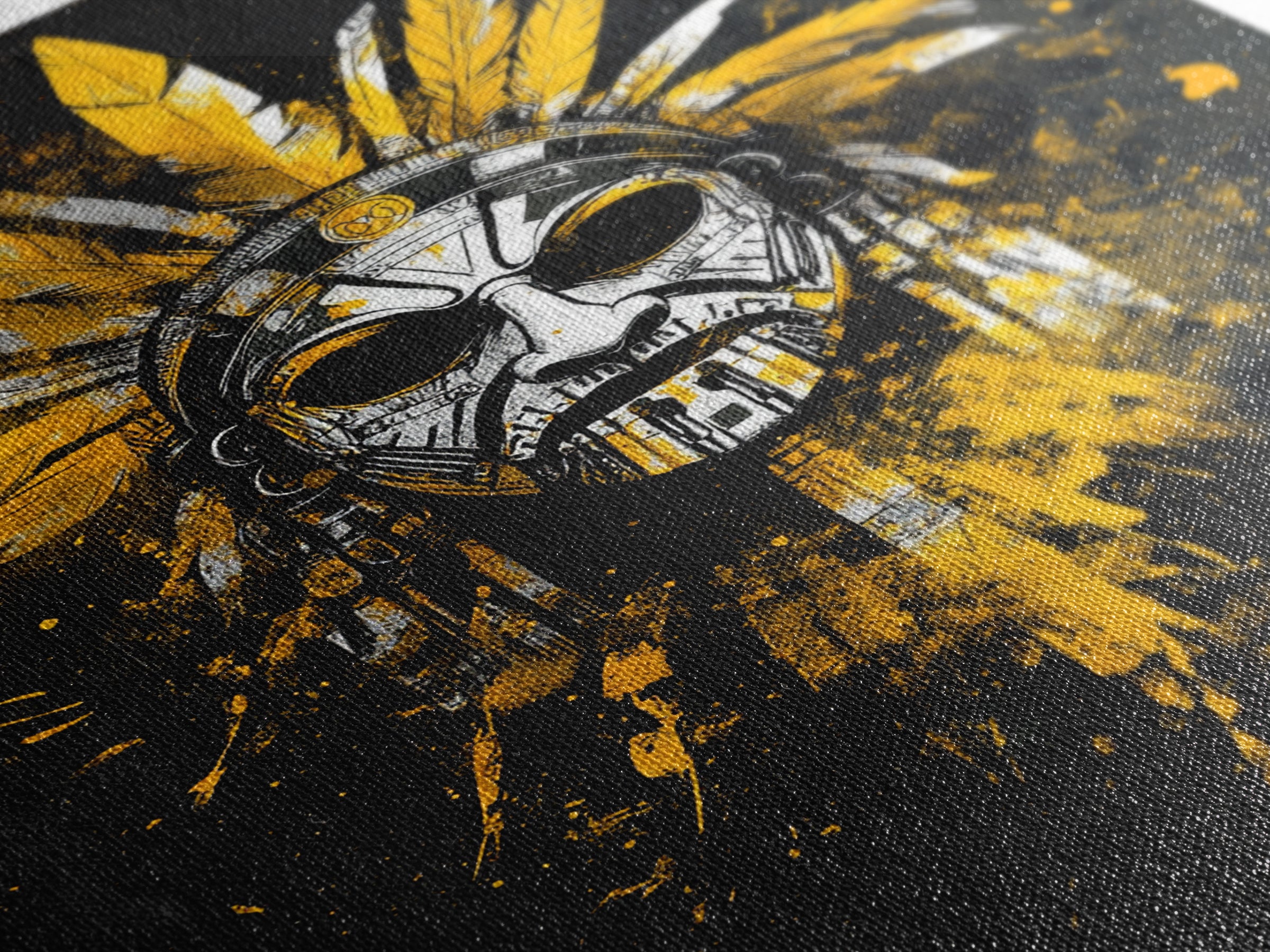 Aztec Skull Mask Gold Canvas Print, Ancient Tribal Face Art, Bold Splatter Style Wall Decor, Real Wood Frame
