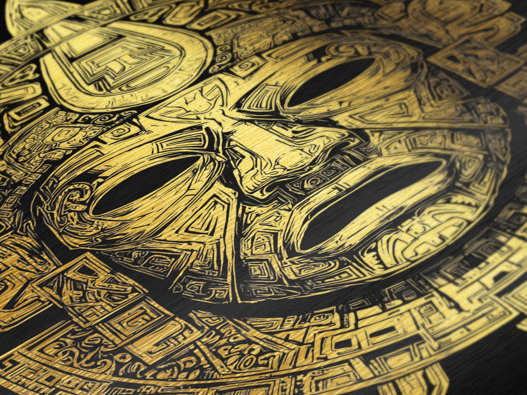 Aztec Deity Mask Metallic Gold Metal Print, Ornate Tribal Face Artwork, Ancient Cultural Wall Hanging, Real Wood Frame