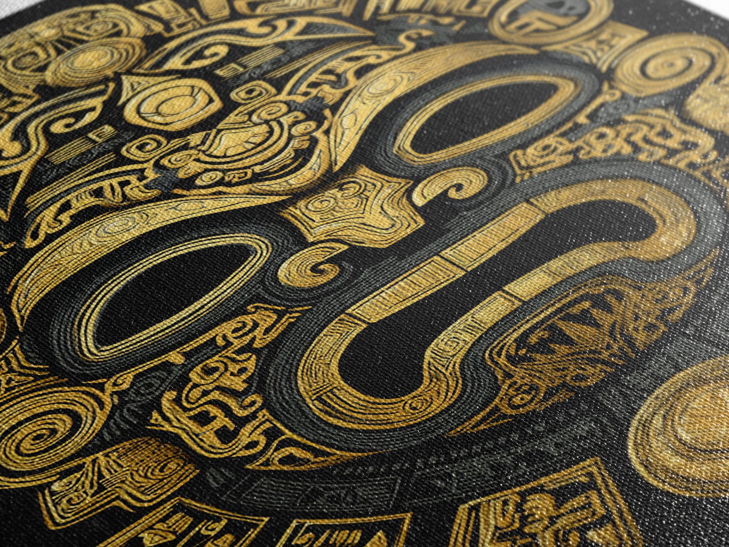 Aztec Feathered God Mask Gold Canvas Print, Ornate Tribal Face Artwork, Ancient Ethnic Wall Decor, Real Wood Frame
