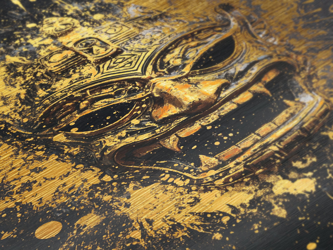Balinese Demon Mask Metallic Gold Metal Print, Ornate Tribal Face Art, Mythical Splatter Style Wall Decor, Real Wood Frame